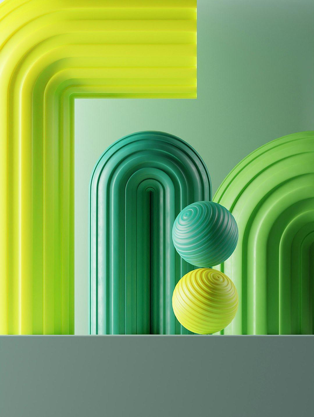 A minimalist composition of three-dimensional, curved green and yellow objects arranged in an arched pattern on the right side, with a soft gradient background creating depth and contrast, giving it a modern aesthetic. The focus is centered around these shapes, providing detailed closeups for a creative and visually appealing design in the style of modern artists.