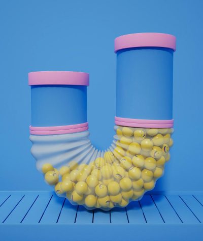 A surrealistic digital art piece featuring two tall, cylindrical tubes filled with yellow lemons and pink rubber balloons stacked on top of each other. The background is a solid blue, creating an abstract and minimal composition. This surreal arrangement creates a visually striking contrast between the soft curves of the lemon particles and the sharp edges of the plastic air balloons, adding depth to the overall design in the style of digital art.