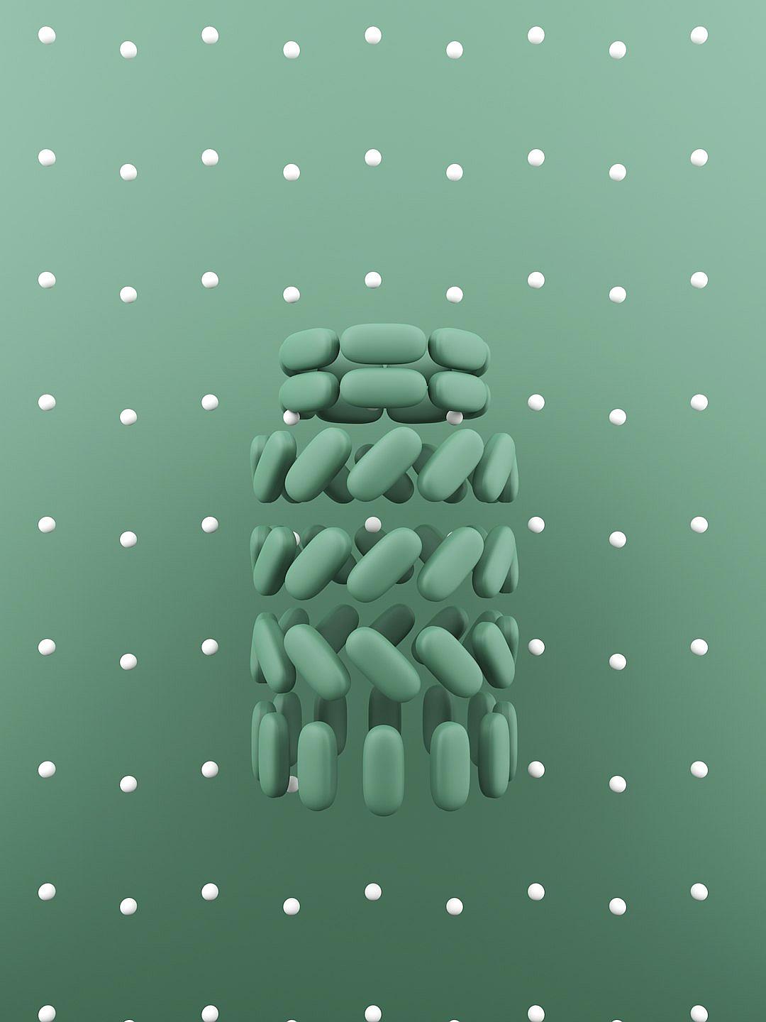 A vertical composition of multiple pills arranged in an orderly fashion, creating the illusion that they form a single giant pill on a light green background with white dots. The pills should be in shades of dark and medium greens to create depth and contrast against the soft gradient background. This design would emphasize clean lines and modern aesthetics while conveying themes around health care or medical attention in the style of a minimalist artist.