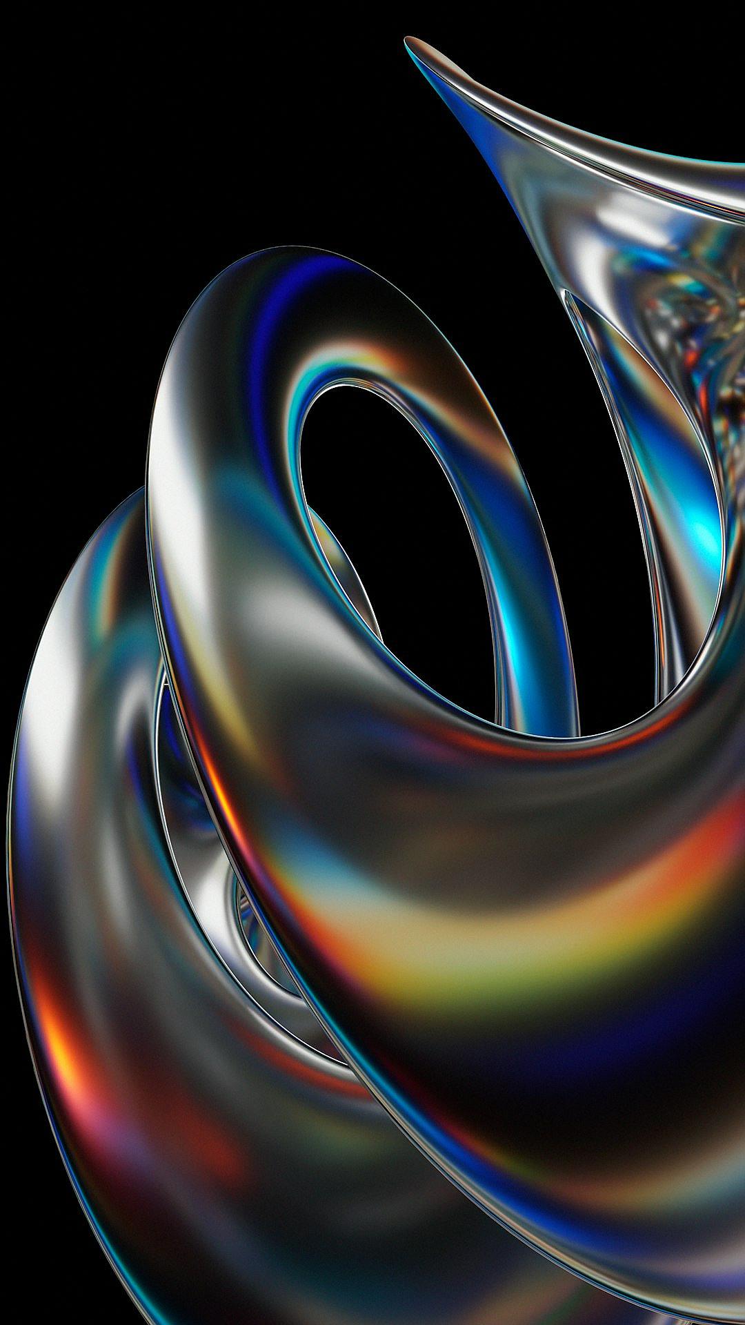 A close up of an abstract sculpture in the shape of two intertwined curved metal shapes on a black background with rainbow highlights, iridescent colors, a glassy texture, and a shiny chrome finish. The sculpture is depicted in the style of hyper realistic, highly detailed macro photography with reflections and light refractions and rays.