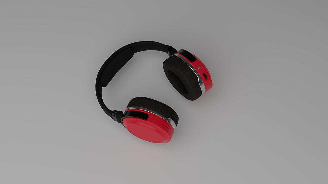 3d model of red and black overear headphones on grey background, simple design,