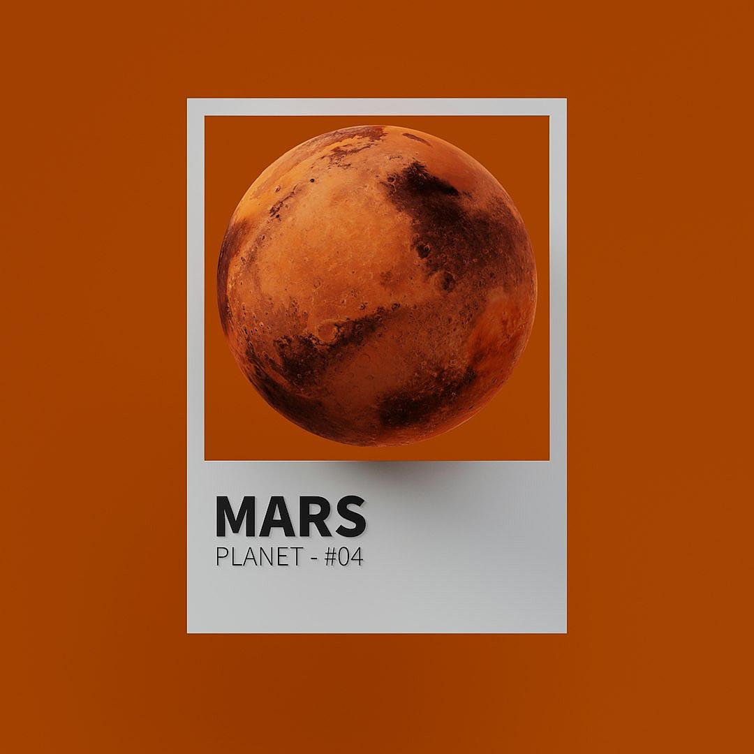 A minimalist design of the planet Mars with the text “MARS” and below written in small font the number “04”, with an orange background, in the style of Polaroid.