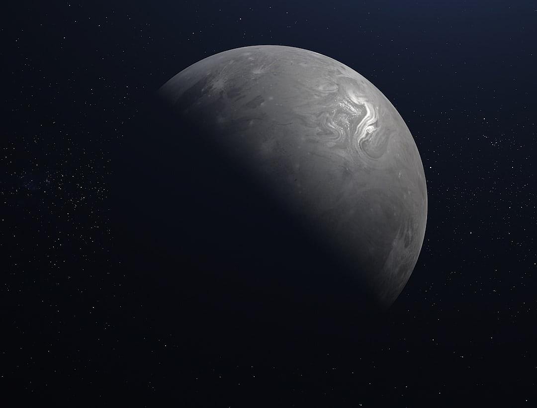 A distant planet with an atmosphere of gray mist, seen from space against a black background. A realistic photographic style image with high resolution, high detail textures, high sharpness, high focus, high contrast, and high natural light. A cinematic volumetric lighting style, rendered in the style of octane render, cinema4d, unreal engine, and blender rendering.