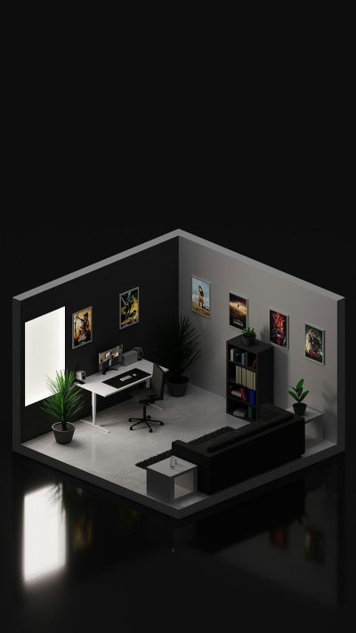 3D isometric, black and white gaming room interior with a dark background. The style is minimalistic with high contrast and ambient lighting. Simple shapes are used with flat shading. There is a black wall with a small window showing sun rays. Couches, a desk with a computer monitor, a book shelf, and a potted plant are depicted. Movie posters are on the walls. The floor, carpeting, and ceiling are black.