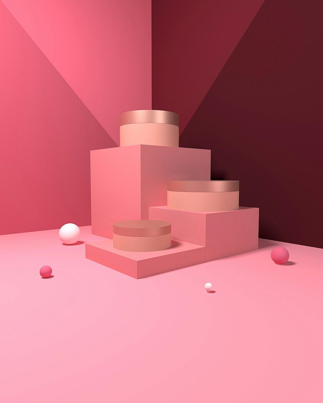 A minimalistic 3D scene with pink and maroon colors, featuring stacked geometry and soft lighting. The composition includes three round podiums arranged in an isometric pattern on the ground, creating a sense of depth. A few small spheres add contrast to the shapes, while the background adds more empty space for text or graphics. This design gives off a clean and modern feel with soft shadows, perfect as a product photography backdrop. The style is reminiscent of minimalist digital art.