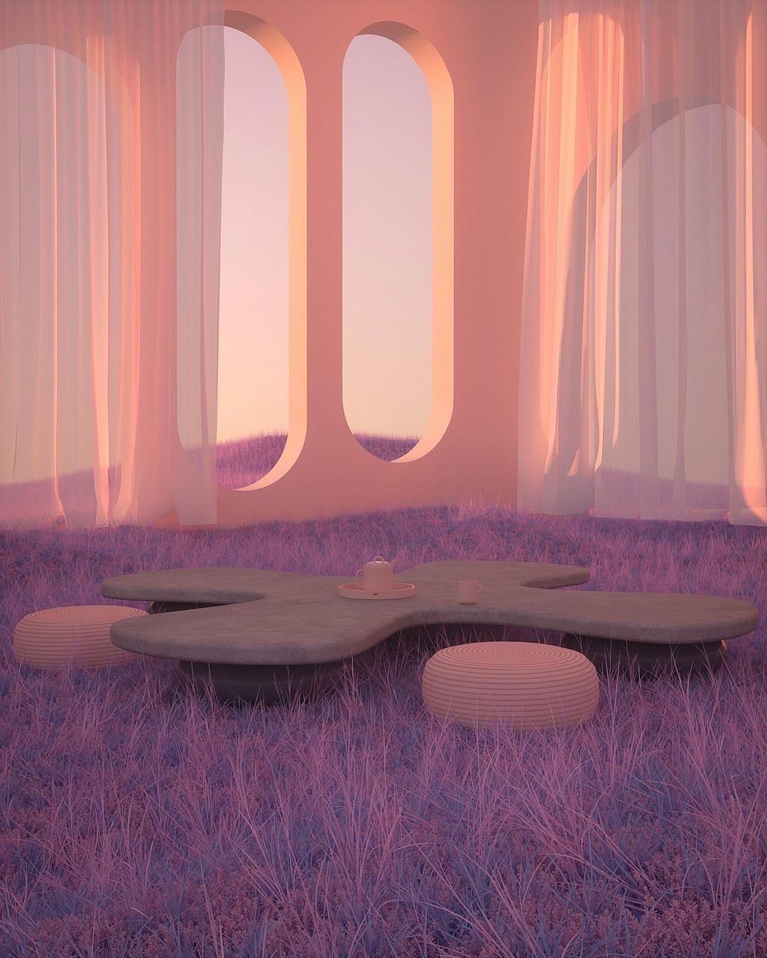 A minimalist landscape with grassy ground, rounded tables and windows, rendered in the style of cinema4d, featuring pink tones and a sense of future technology. The scene is rendered using Cinema4D rendering techniques. It features soft lighting, an architectural design with large curved shapes, and soft shadows. In the background, there is a gradient sky with light purple hues.