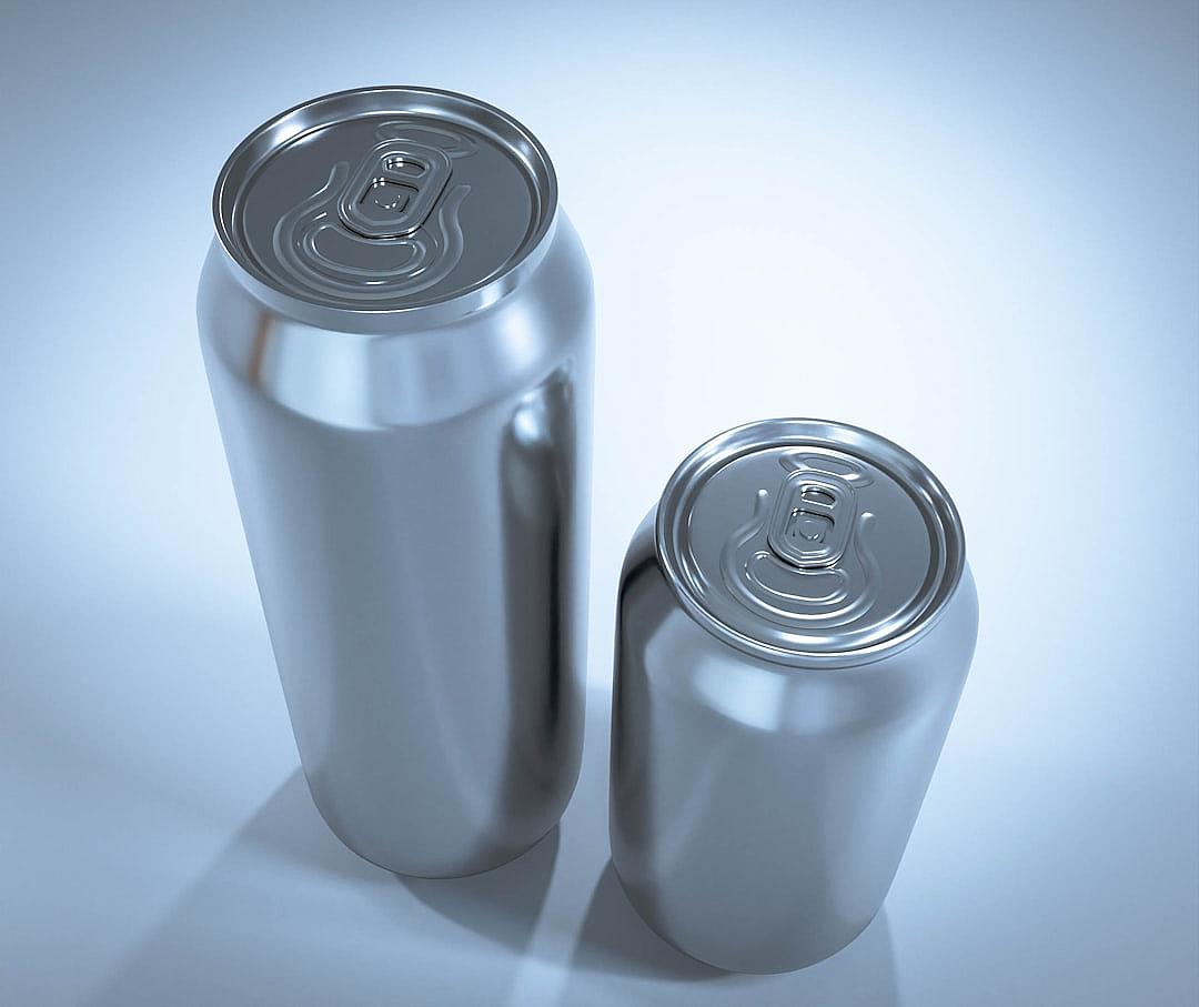 3D rendering of two silver beer cans on a light blue background, one large and the other small. The large can is slightly tilted to its side while the smaller one stands upright. Both drink cans have smooth metallic surfaces with visible branding. The composition emphasizes their size contrast and reflective surface texture. The lighting casts subtle shadows across each product, creating depth in the scene.