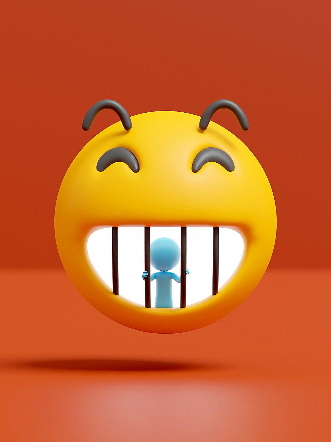 A cute happy emoji with black eyes and mouth in front of a prison cell, a small blue stick figure inside in the style of Pixar, simple clean design on a simple orange gradient background rendered in octane, high resolution cinematic style with volumetric lighting, super detailed with high contrast and global illumination.