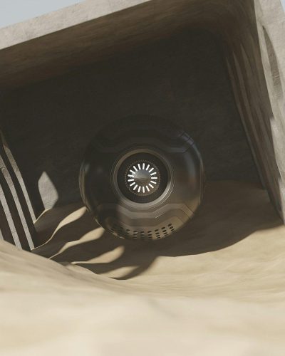 Close up view of an air conditioner in the sand dunes, in the style of star wars, 3D render, unreal engine