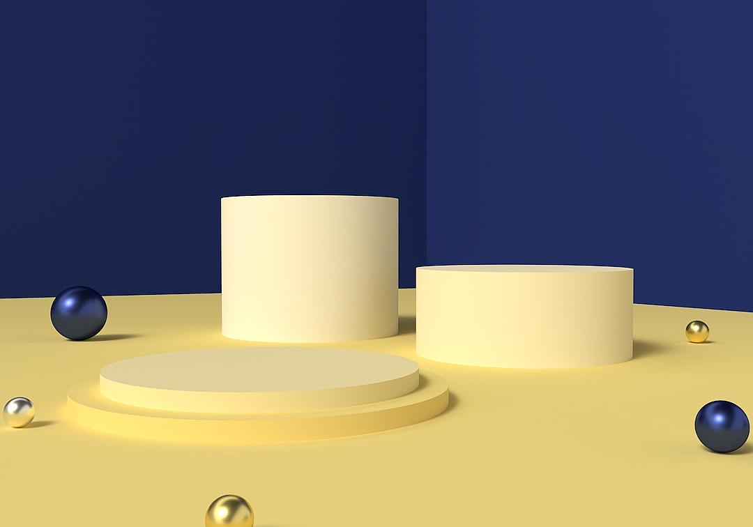 3D rendering of a yellow and blue background with three podiums on the floor, one cylinder-shaped stand in front and two circular stands next to it. The scene is illuminated with soft lighting that creates an atmosphere of minimalism and modernity. There are also some spheres floating around, adding a touch of playfulness to the composition. This image can be used for product display or as a backdrop for promotional materials.