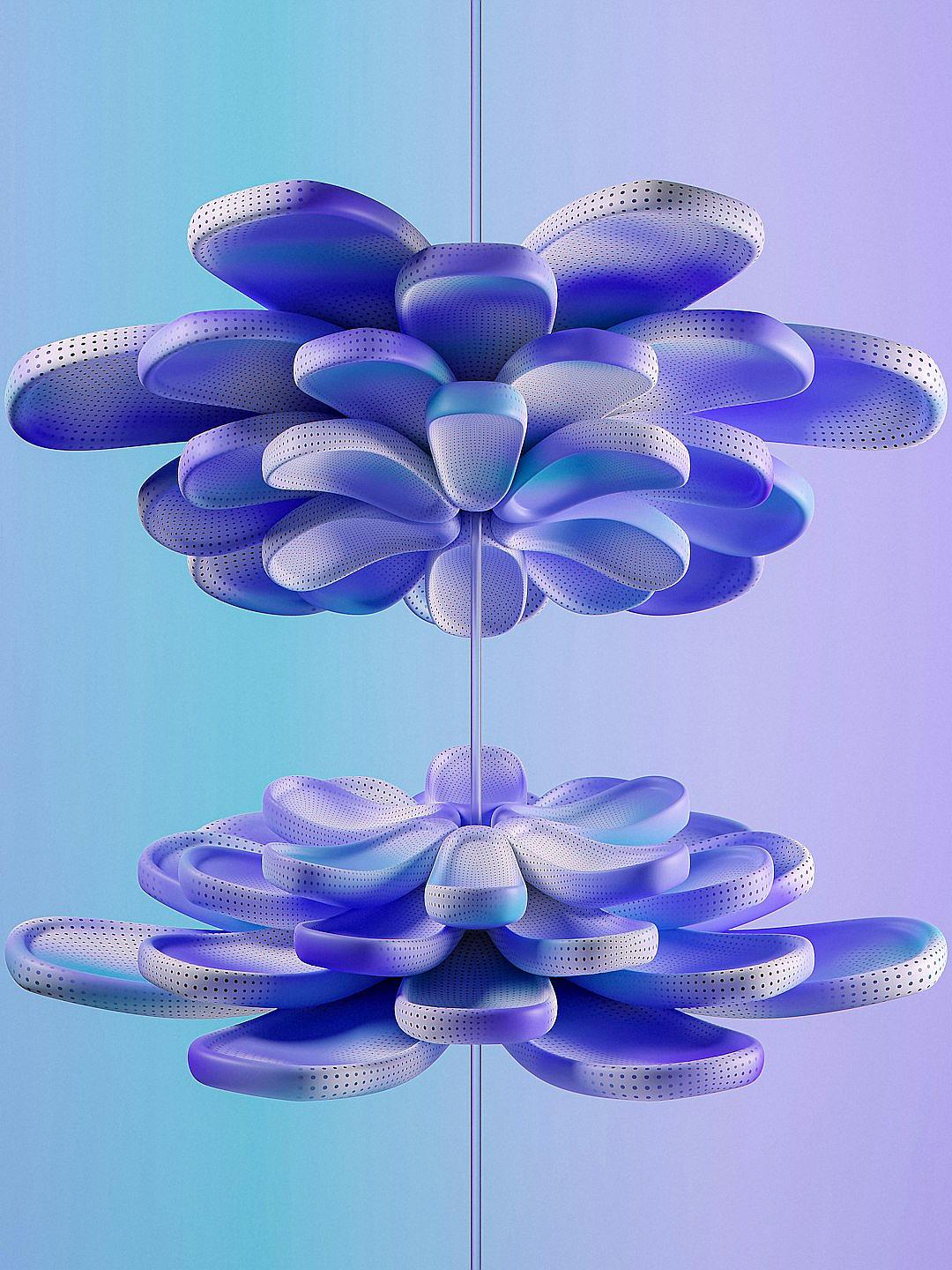 3D render of two large blue flower-shaped objects floating in the air, each with multiple petals made from white and gray circular shapes that resemble stripes or dots, against a gradient background transitioning from light purple at the top to dark violet on the bottom, creating an elegant contrast. The overall effect is one of serene beauty and softness, as if they were floating gently among the stars in the style of an impressionist painter.