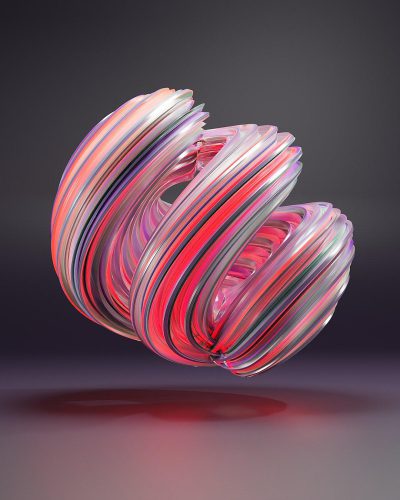 A dynamic and colorful abstract sculpture made of intertwined stripes, with a glossy finish and soft lighting, creating an enchanting visual effect on the dark background., focus stacking, 3D rendering, light pink and magenta color scheme, glassy texture, and a sense of movement. It is presented in a frontal perspective, with a solid gray gradient background that adds depth to its appearance. The overall composition conveys a sense of luxury and elegance through its design elements.