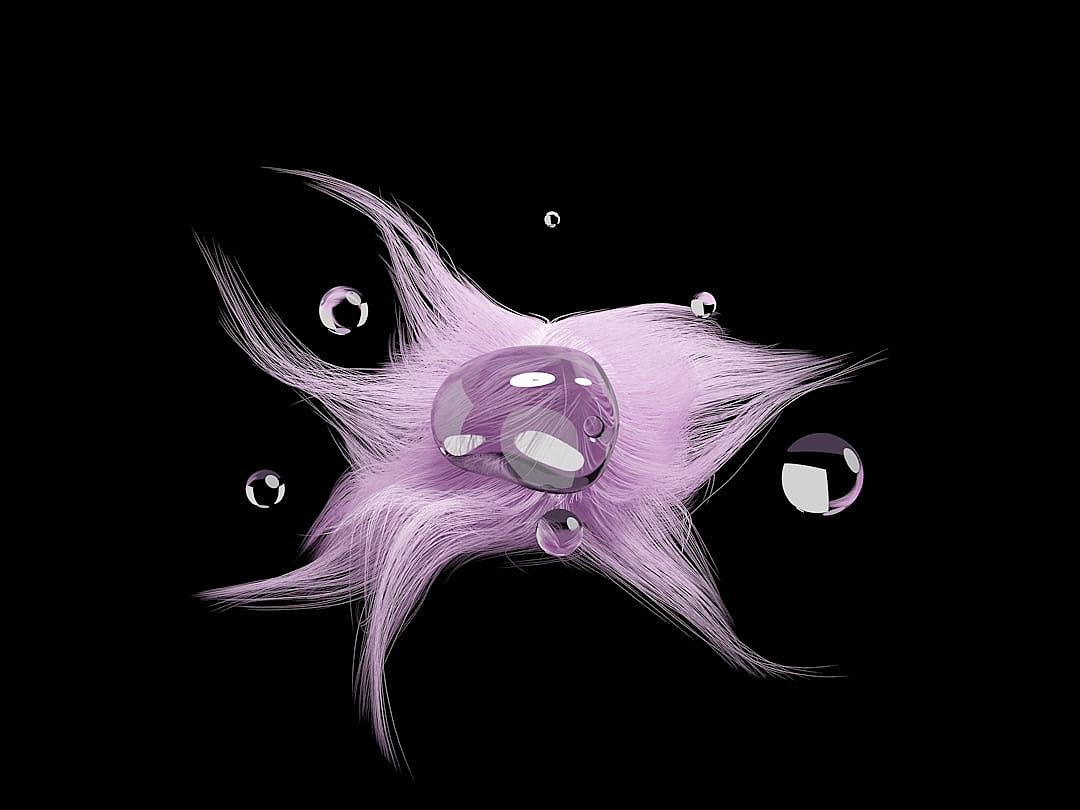 A purple starfish with bubbles on it, on a black background, rendered in 3D, in the style of a cartoon, with a cute shape and pink hair. The overall composition is simple and clear, presenting an abstract design effect. High definition resolution, full of vitality, in the style of abstract art.