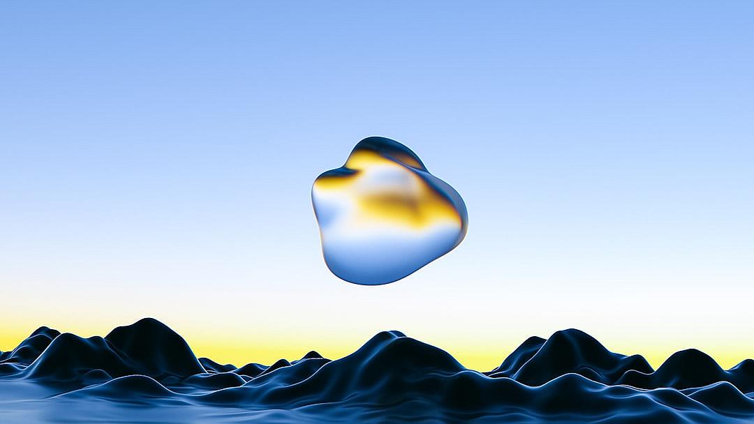 A floating abstract blob-shaped object with rounded edges, with a blue and yellow gradient color, against the backdrop of a clear sky. The background features undulating black hills, creating an illusion that outlines a calm sea. A subtle golden glow illuminates one side of the scene, adding depth to its surroundings. This minimalistic design focuses on simplicity while highlighting the object’s unique shape, in the style of a calm abstract painting.