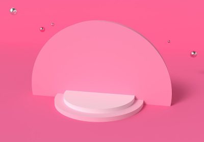 3d rendering of empty stage for product presentation, abstract shape on pink background with half circle and bubble. Minimal mockup design template for showcase advertising. Design element vector illustration