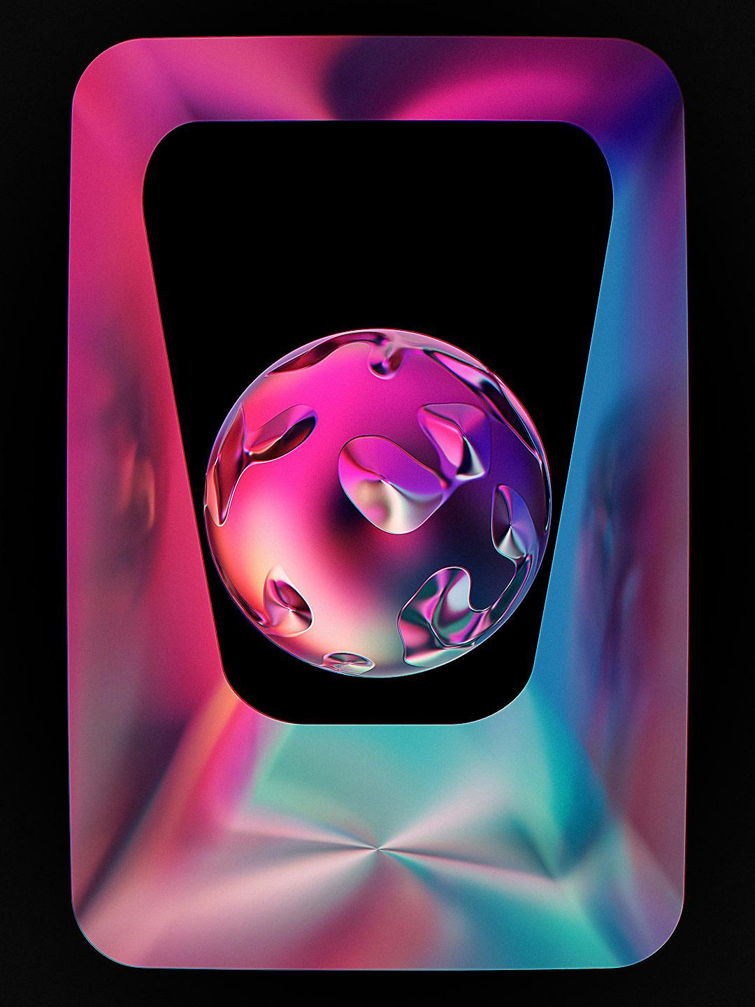 A holographic glass sphere with a colorful gradient inside, floating in the center of an abstract rectangular frame, surrounded by a black background. The style is minimalistic and futuristic, with a pink, blue, and purple color scheme. It is a high-resolution digital illustration with a transparent background. There should be no text or other elements on it. This design would make for a visually striking mobile app icon in the style of a minimalist futuristic artwork.