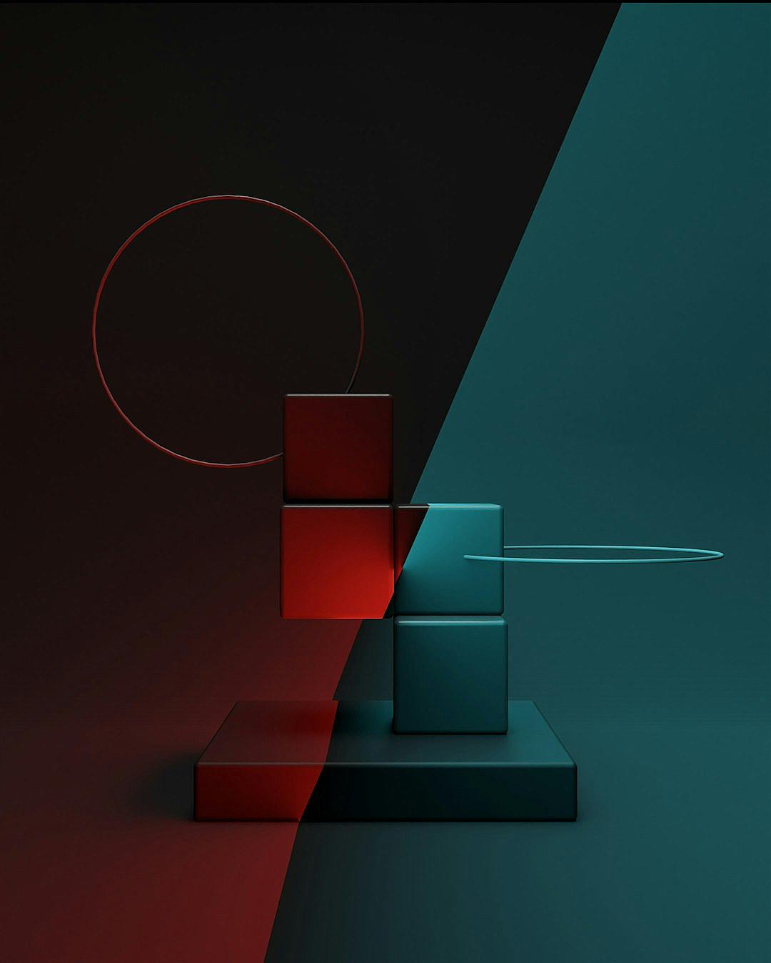 A minimalist composition of geometric shapes in red and teal, representing the concept of balance between hot and cold. The dark background has subtle lighting to highlight each shape. In front stands an abstract sculpture made from cubes that form different structures. A neon light illuminates one cube creating a contrast against the other two colors. There is also a small line drawing of a circle in the top left corner.