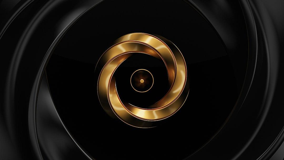 3D spiral, black background with gold center, simple and elegant style, symmetrical composition, circular shapes, smooth lines, soft lighting, minimalist design, high resolution, no clutter elements, focus on the central golden element.