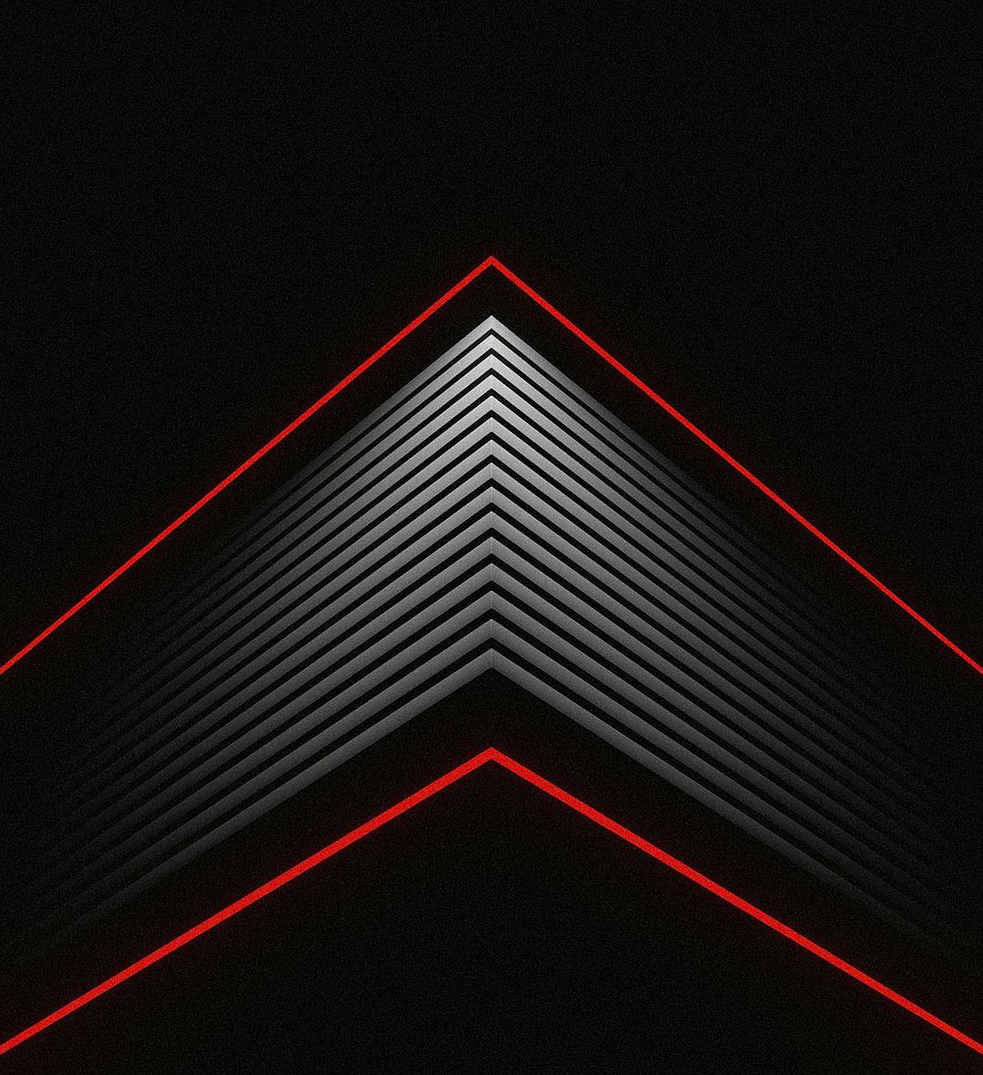 A black background with red neon lines in the shape of an arrow pointing up, symmetrical composition, high contrast lighting, minimalist style, geometric shapes, futuristic feel. The angle is slightly upward and there is space at both ends for text or other elements. in the style of a minimalist, futuristic aesthetic.