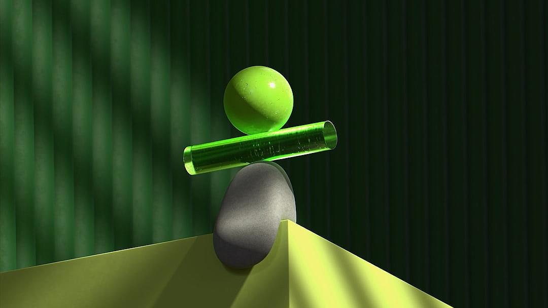 A green pill on top of the balance, a gray ball under it, green and yellow background, 3D rendering, cartoon style, minimalism, high resolution, high detail, simple geometric shapes