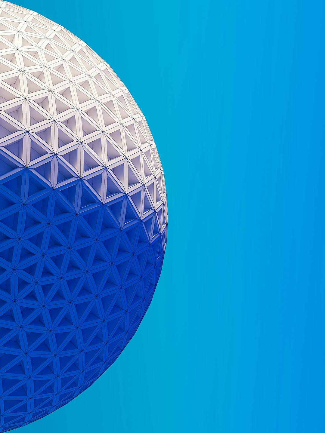 A close up of the Epcot ball at Disney World park, with a white and blue color theme, minimal background, negative space, captured with high resolution photography in a high definition, high quality style.