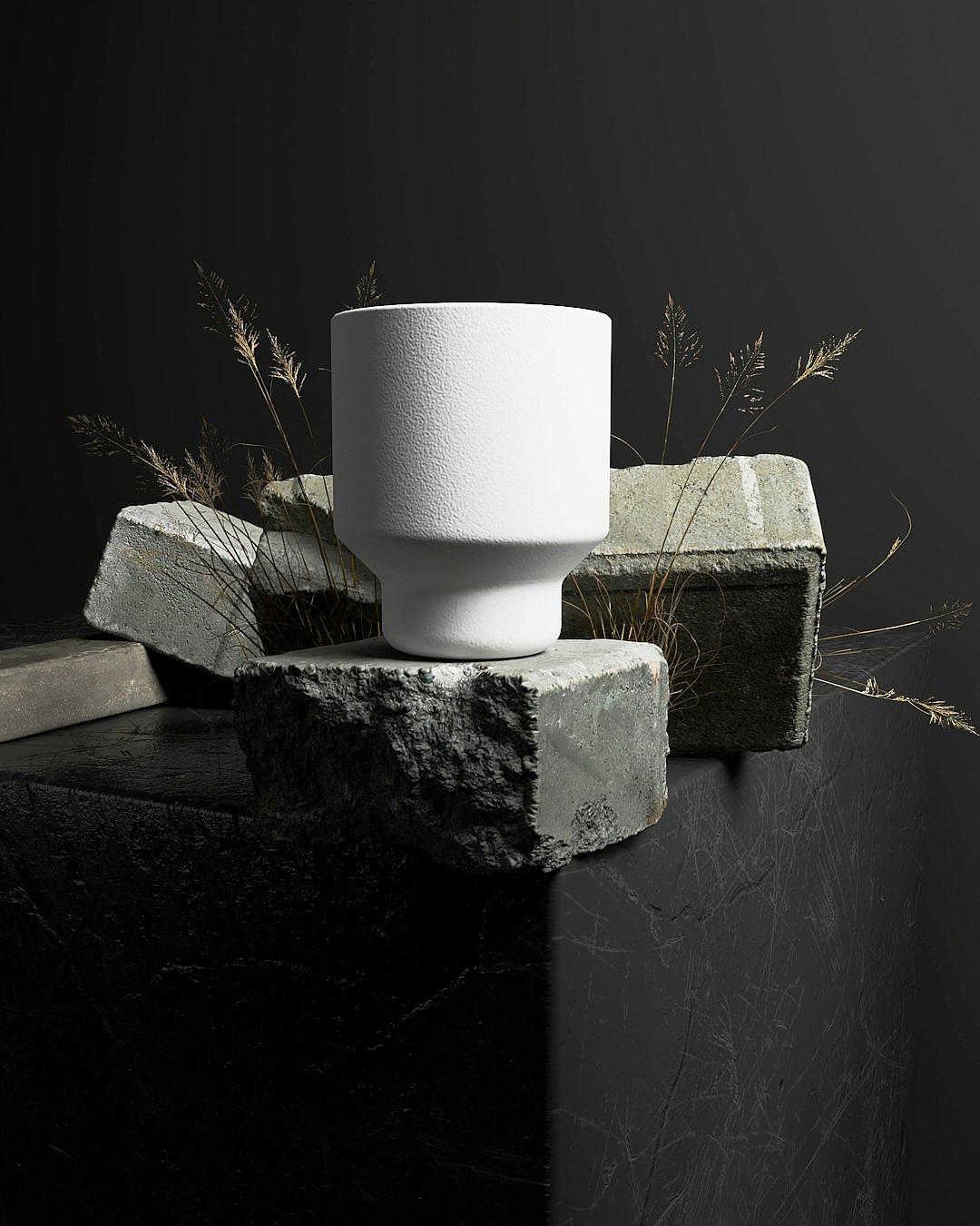 white minimalistic mug with stone pedestal, dark background, rough rocks and plants, in the style of product photography