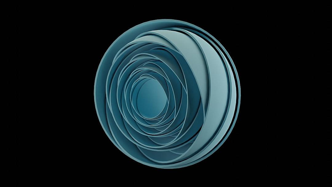 3D render of an abstract circular shape in light blue on a black background created in the style of cinema4D.