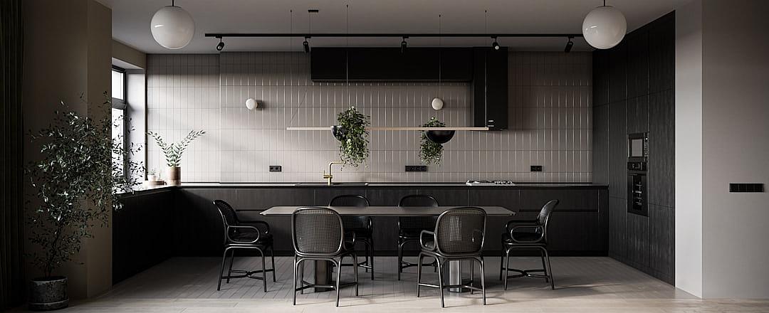 Black and grey kitchen with dining table, chairs, pendant light, white tiles on the wall, planters in beige color on back of kitchen counter, black cabinets. Interior design in the style of Minimalism.