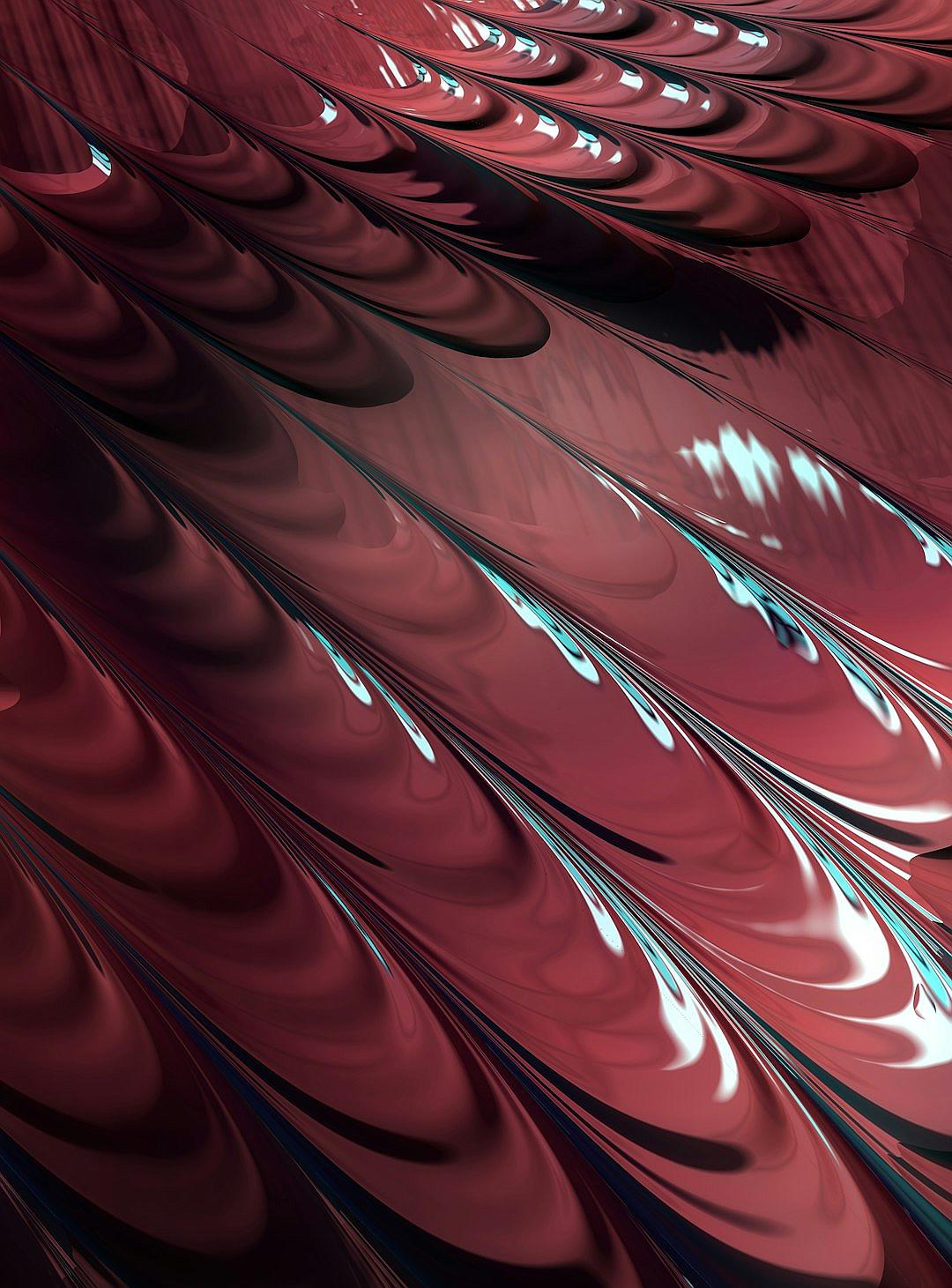 3d render of dark red metallic feathers, polished metal texture, sleek and glossy finish, reflective surface with subtle light reflections, abstract pattern, futuristic design style, digital art, high resolution, sharp focus, closeup shot