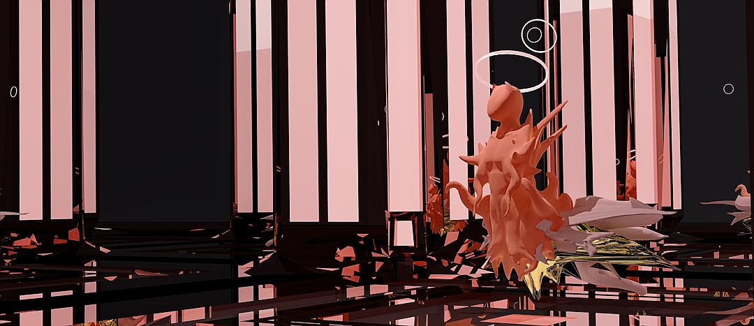 3D render of a virtual reality scene, with an abstract environment featuring black and pink stripes, creating a sense of depth and space. In the foreground is a surreal composition of floating geometric shapes in various shades of orange and white, with a central figure made up of organic elements that resemble flowers or plants. The background features multiple black silhouettes arranged to create a gridlike pattern, adding symmetry and structure to the overall design.