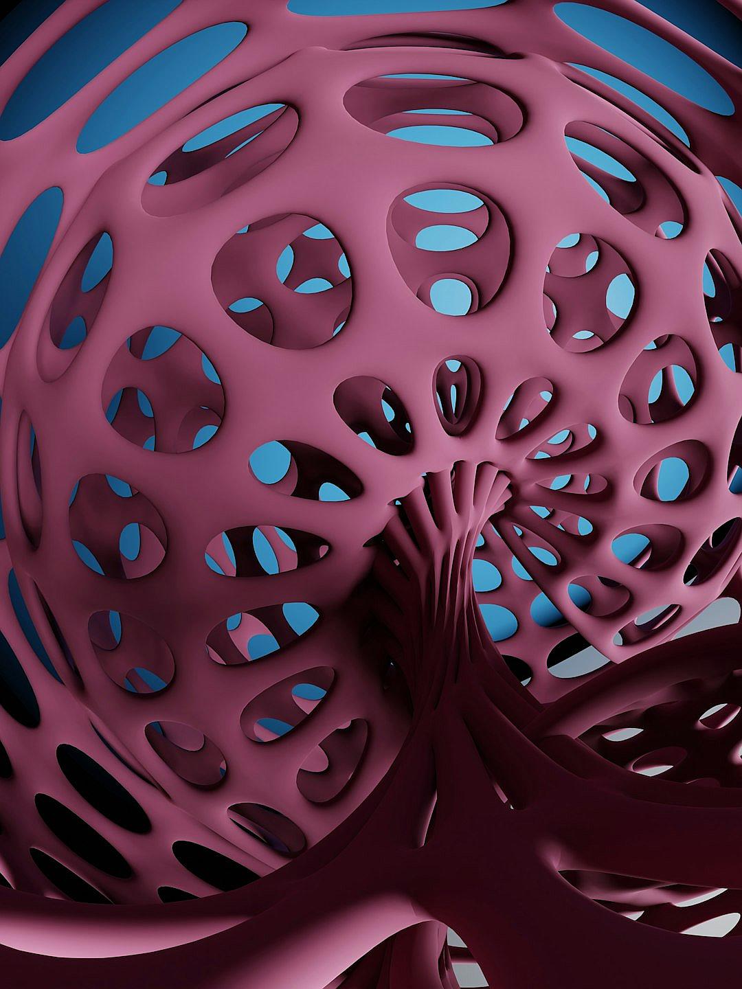 3D render of a dark pink abstract sculpture with blue accents. The surface is made up of irregularly shaped holes and circles, creating an illusion that parts have come off and are floating in midair. Some elements look like hands or fingers reaching out from within or around them. The background color has the same gradient as the figure, it’s dark but slightly illuminated to highlight details on the surface. The lighting creates shadows and highlights different textures in the style of different artists.