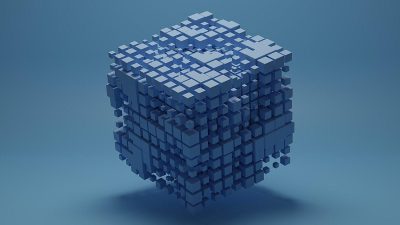 A blue cube made of cubes, isometric view, minimalistic, simple, 3D render in the style of blender, space around edges, soft lighting, central composition, dark grey background, high resolution, no blur, intricate details