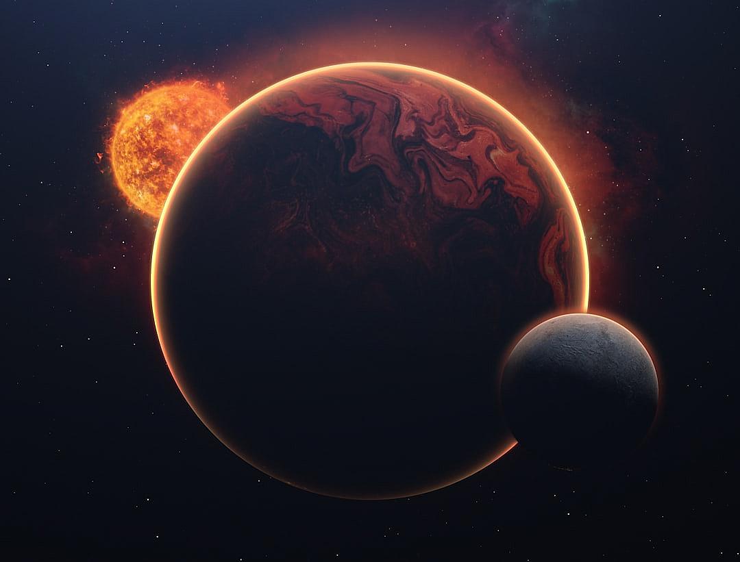 Two planets orbiting the sun, one is large and red with black veins on its surface, the other planet has an orange glow and dark grey skin with a small moon in front of it, in the style of digital art.