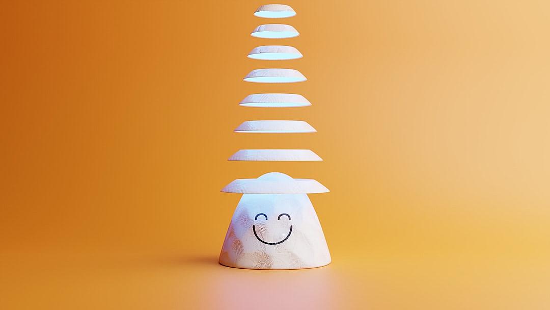 A simple white clay model of an abstract smiley face, with glowing light strips going up in the shape of clouds from its center to form three rows on top of each other. The background is orange and has a minimalist aesthetic. It’s a simple yet cute design that could be used as an icon or logo for something like technology or fun.