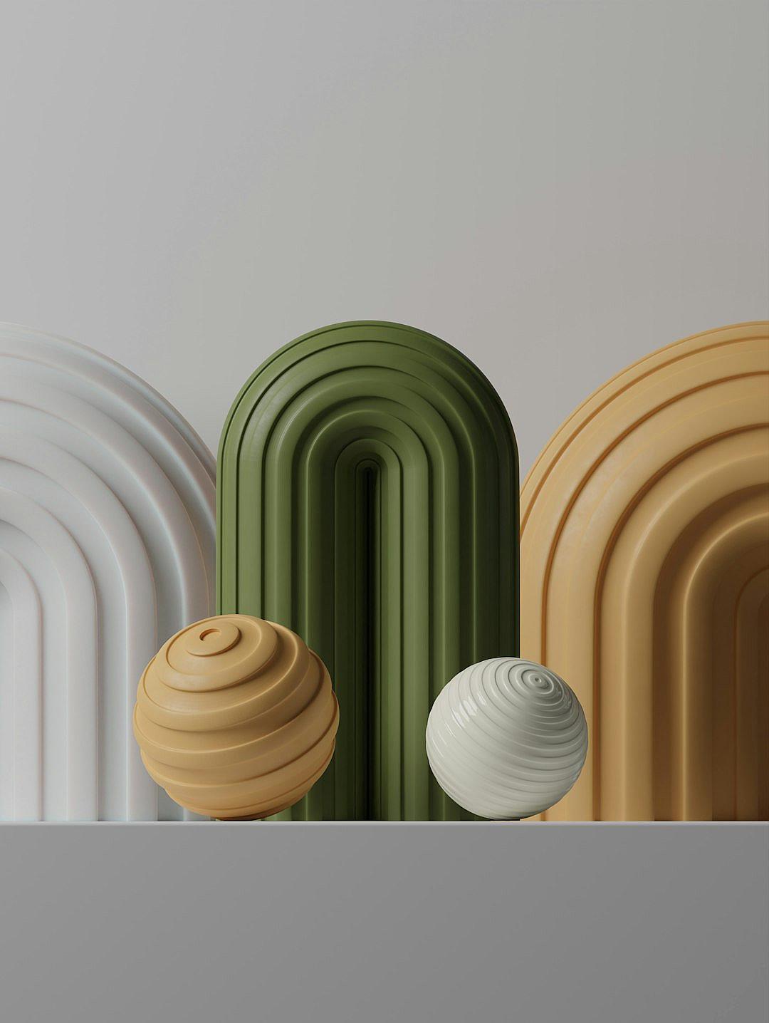 arches and spheres, minimalism, matte clay, green yellow beige white colors