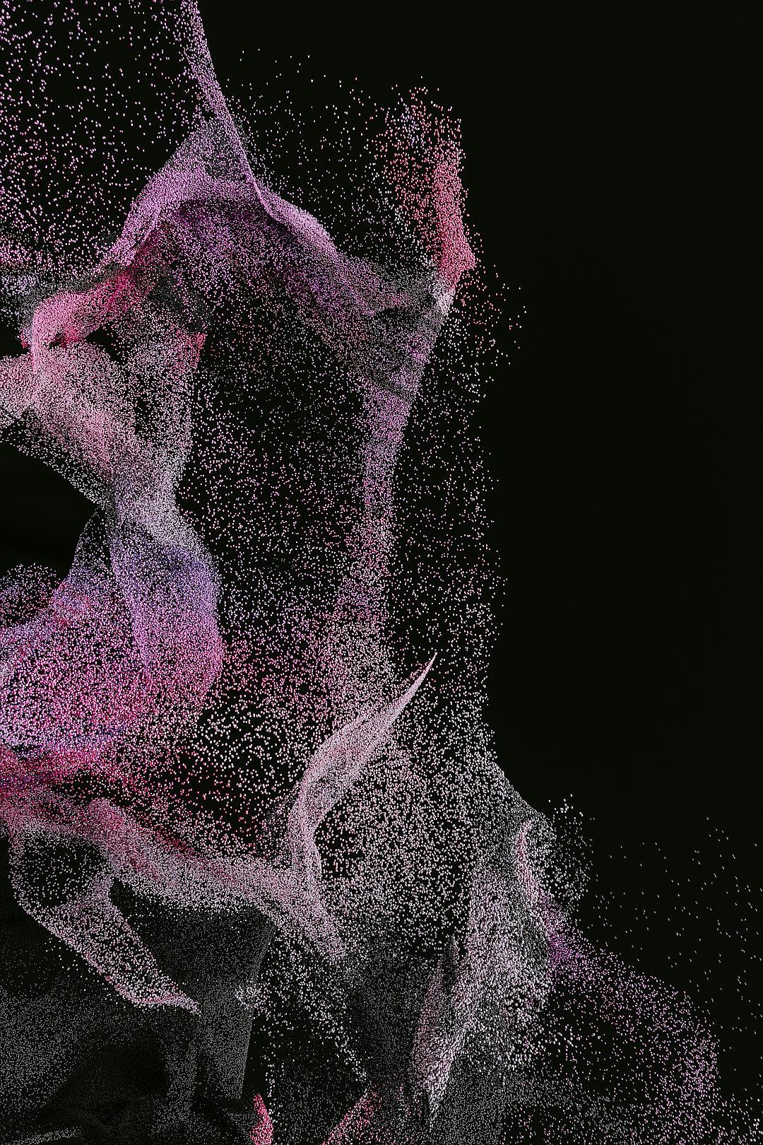 A black background with pink and purple particles forming an abstract shape, dark gray, 3D renderings of a cloudlike figure in motion, dark bronze and silver style, flowing fabrics, low angle view, and a closeup shot. The overall effect is an intricate pattern that appears to be made up of tiny dots or spheres. It has the texture of sand particles and a dynamic quality reminiscent of digital art. This design would evoke a sense of movement and fluidity within its structure.