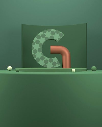 3d render of letter G on green background with checkered pattern, on the right side there is copper pipe and spheres around it, minimalistic style, simple shapes, green color scheme, digital art by [James Turrell](https://goo.gl/search?artist%20James%20Turrell)