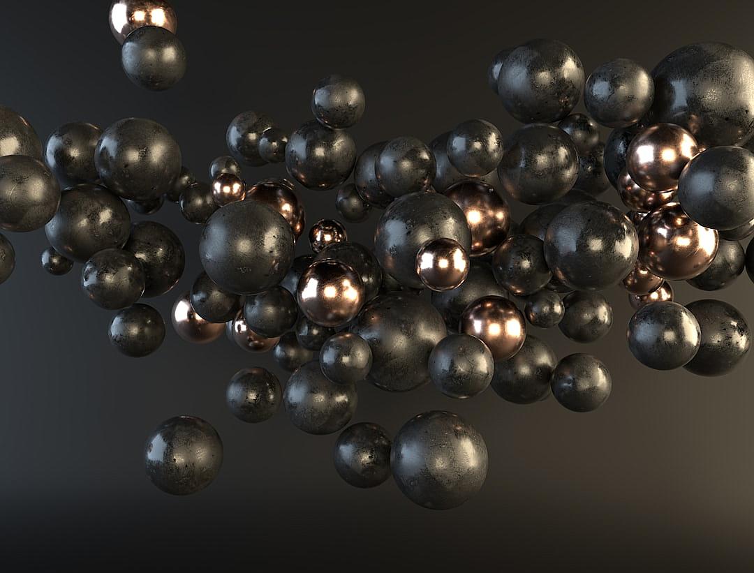 A bunch of black and copper spheres floating in the air against a dark background, rendered in 3D with octane, featuring high resolution, high detail, and high quality. The spheres are super detailed and rendered in a hyper realistic style.