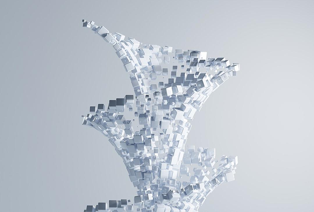 A white background with a flying abstract structure made of cubes, with 3D rendering and rendering style in the style of C4d. The front view is made up entirely from small geometric shapes, forming an artistic sculpture that resembles the profile or hand shape. It creates a sense of dynamism through its complex interplay between different shades of gray.