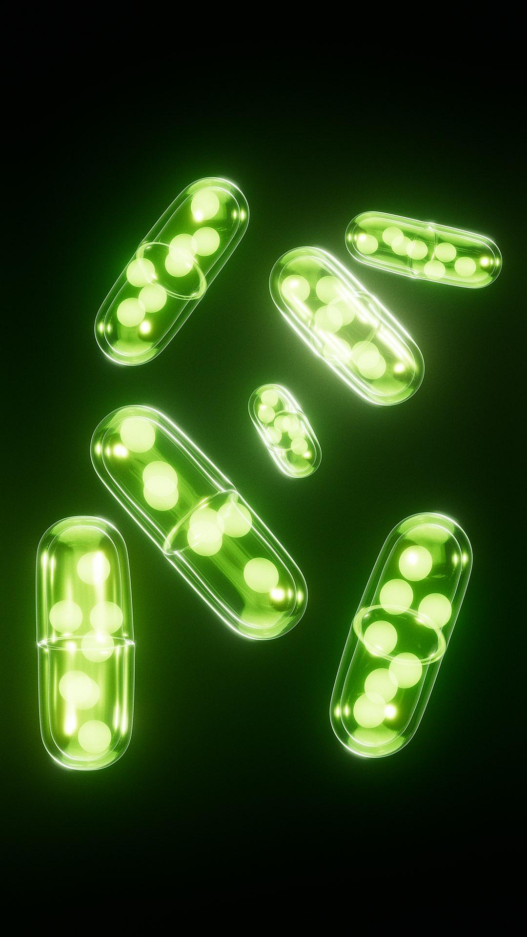 6 glowing green pill shaped lights floating in the air on black background, digital art style