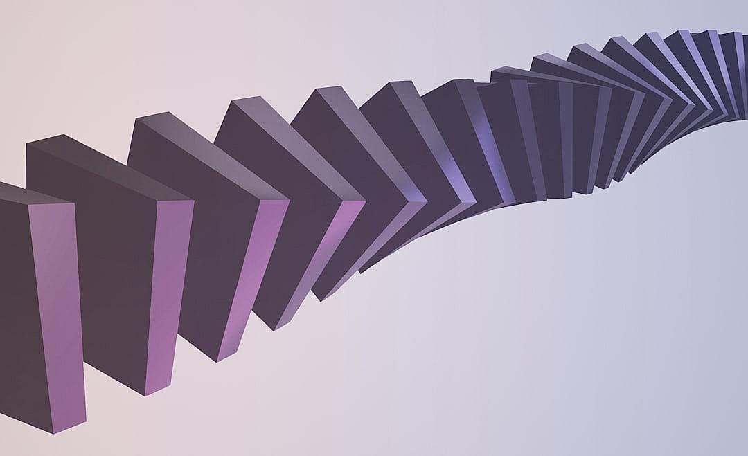 3d render of simple dominoes falling in the shape of an arrow, purple and grey gradient background, simple shapes, minimalistic, simple design, vector illustration, no shadows, low detail, no gradients, no color mix, 2D flat, simple shapes, vector graphic, no shading, low resolution, low quality