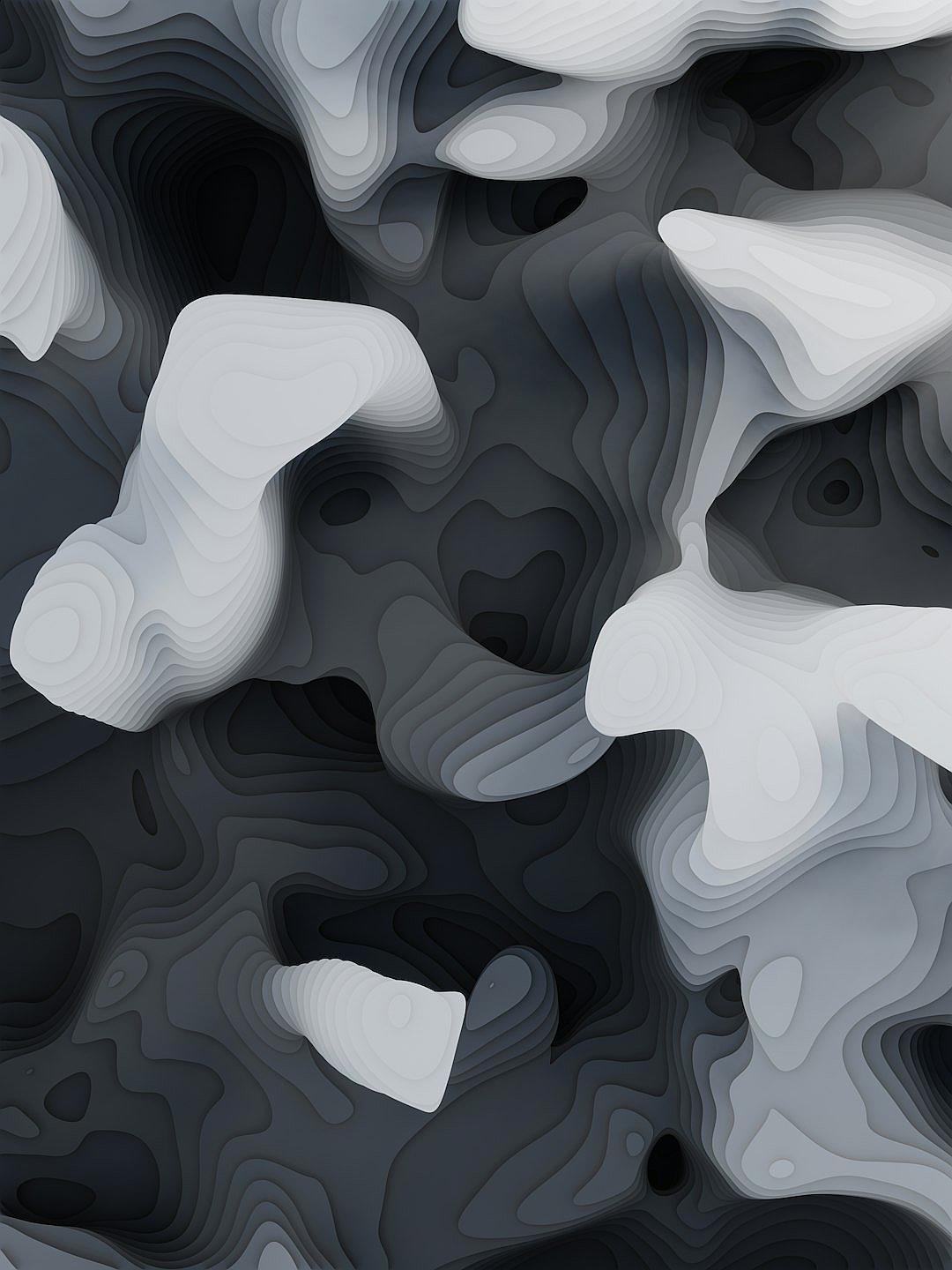 Abstract monochrome design with shapes in shades of grey and white, resembling topographic maps, forming an abstract pattern on the phone’s wallpaper. The background is a dark gray to create contrast between light tones and the darkness. A modern aesthetic that adds depth and dimensionality in the style of an abstract artist.