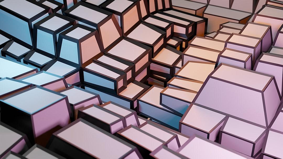 A detailed 3D rendering of an abstract geometric pattern composed entirely from the shadows cast by metallic cubes, creating a visually striking and dynamic composition. The color palette includes soft pastel tones with shades of pink, blue, and purple, giving it a dreamy quality.