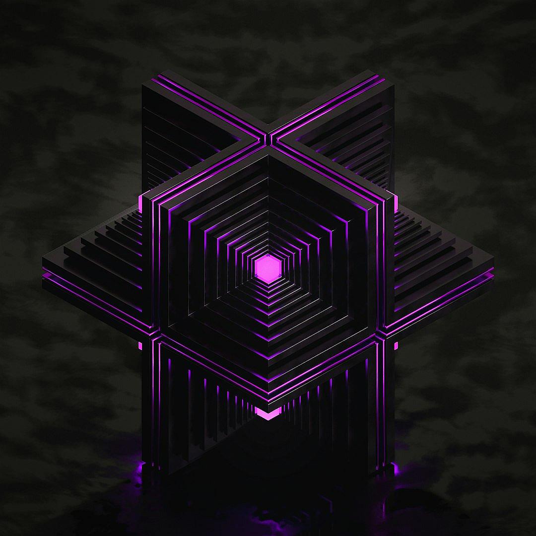 A dark background with an isometric black and purple geometric shape that resembles the Star of David, with straight lines leading in different directions, creating an abstract design with futuristic vibes. The color scheme includes shades of violet, dark grey, and black, creating depth in the composition. It has a symmetrical pattern, with each side showcasing a hexagon made up in the style of neon light lines, adding contrast against the solid backdrop. This artwork combines minimalism with modern aesthetics.