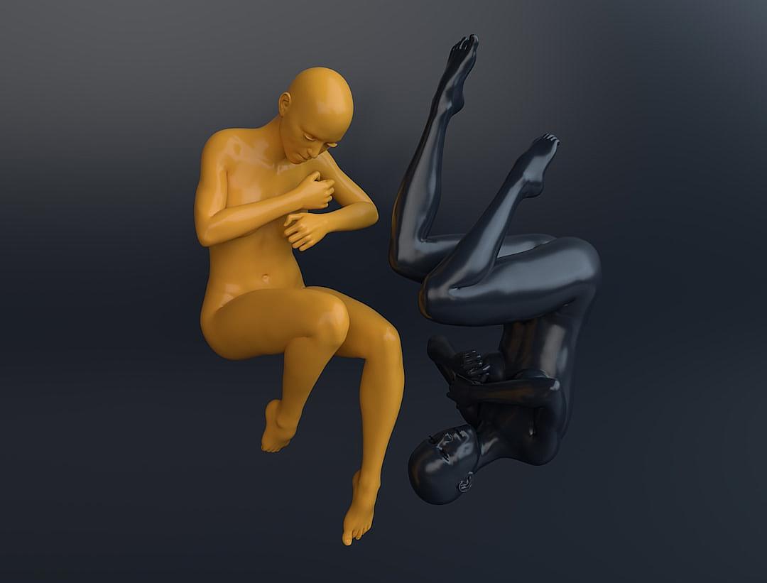 3d render of two mannequins in the air, one is yellow and has his hands on chest while he sits down with legs crossed, other figure is dark blue lying face up holding her leg to head