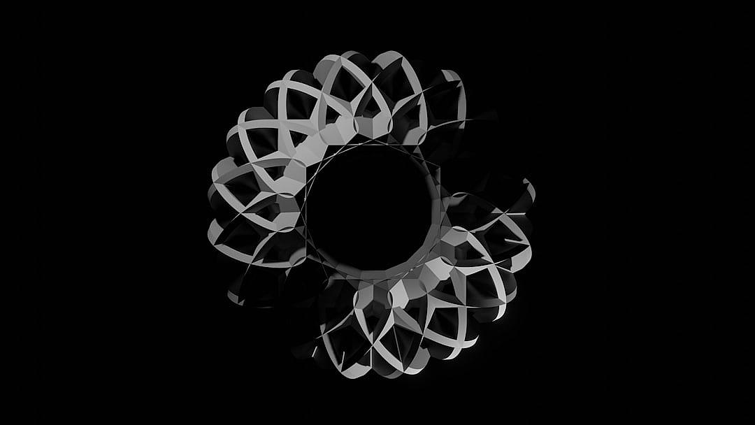 3d render of grayscale circular ribbonlike geometric shape on black background