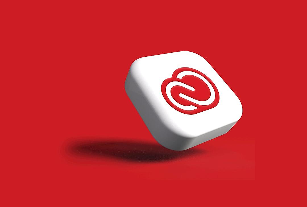 An elegant and minimalistic app icon featuring the Adobe logo, white on a red background, with high resolution and high detail in the style of a digital art vector illustration.