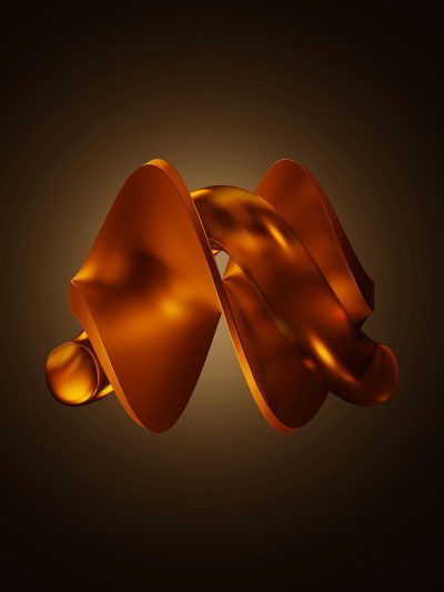 Abstract orange shape with a dark background, floating in the air, soft light, rendered in the style of cinema4d, warm tones, elegant curves, simple and smooth lines, minimalist composition, high resolution. The logo is an M-shaped ribbon made of copper material. It has a strong three-dimensional sense and abstract feel. There should be no shadows on it.