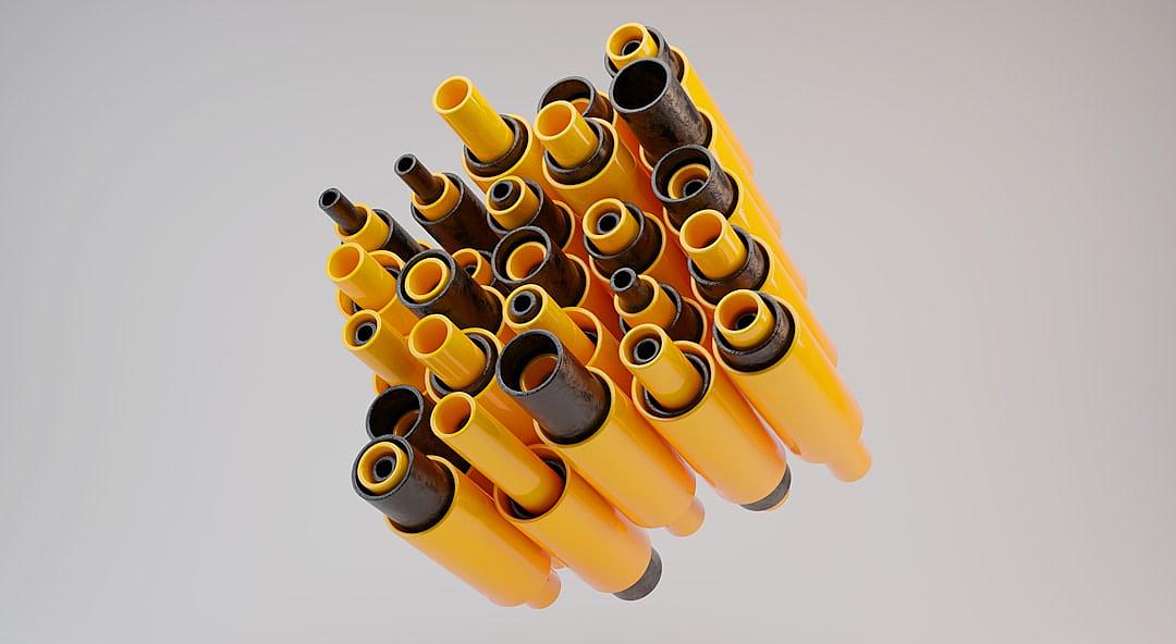 3D render of multiple yellow pipes with black tips on a white background in an isometric view with studio lighting, rendered in Octane and photographed at high resolution.