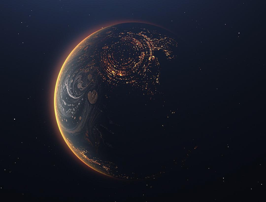 A planet with glowing lights on its surface, dark background, realistic photography, planet earth in space, planet earth glowing city lights, dark night sky, planet Earth, planet view from outer space, black and orange color scheme, space galaxy.